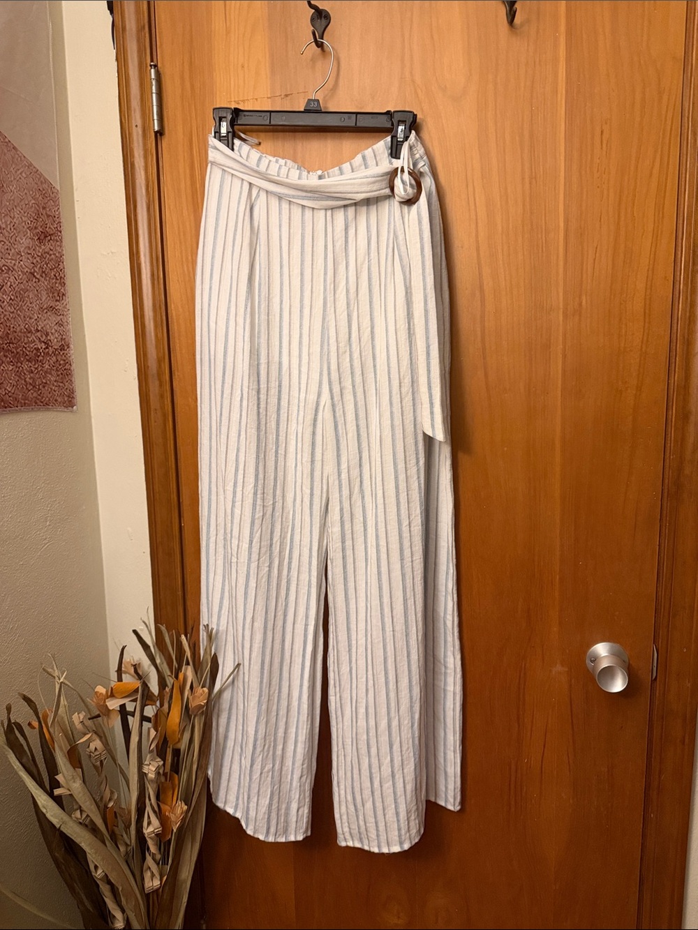Harper Cream Wide-Leg Jumpsuit with Blue Pinstripes
